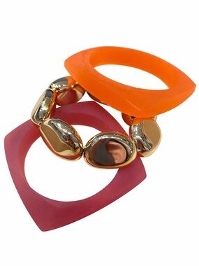 Fashion Jewelry Orange and Pink Resin Bracelet Trio with Gold Accents